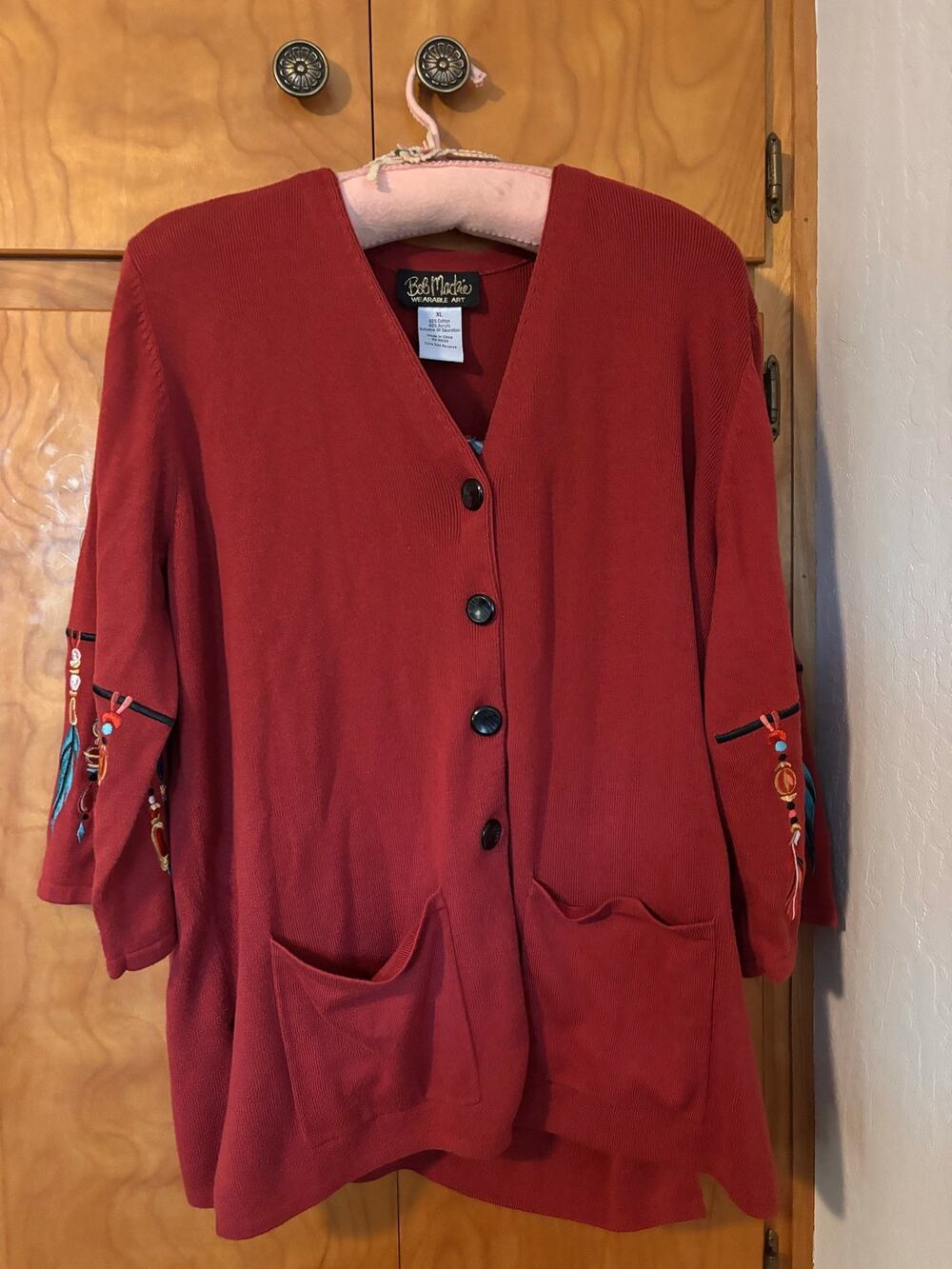 Bob Mackie Wearable Art XL Rust Red Feather Embroidered Cardigan